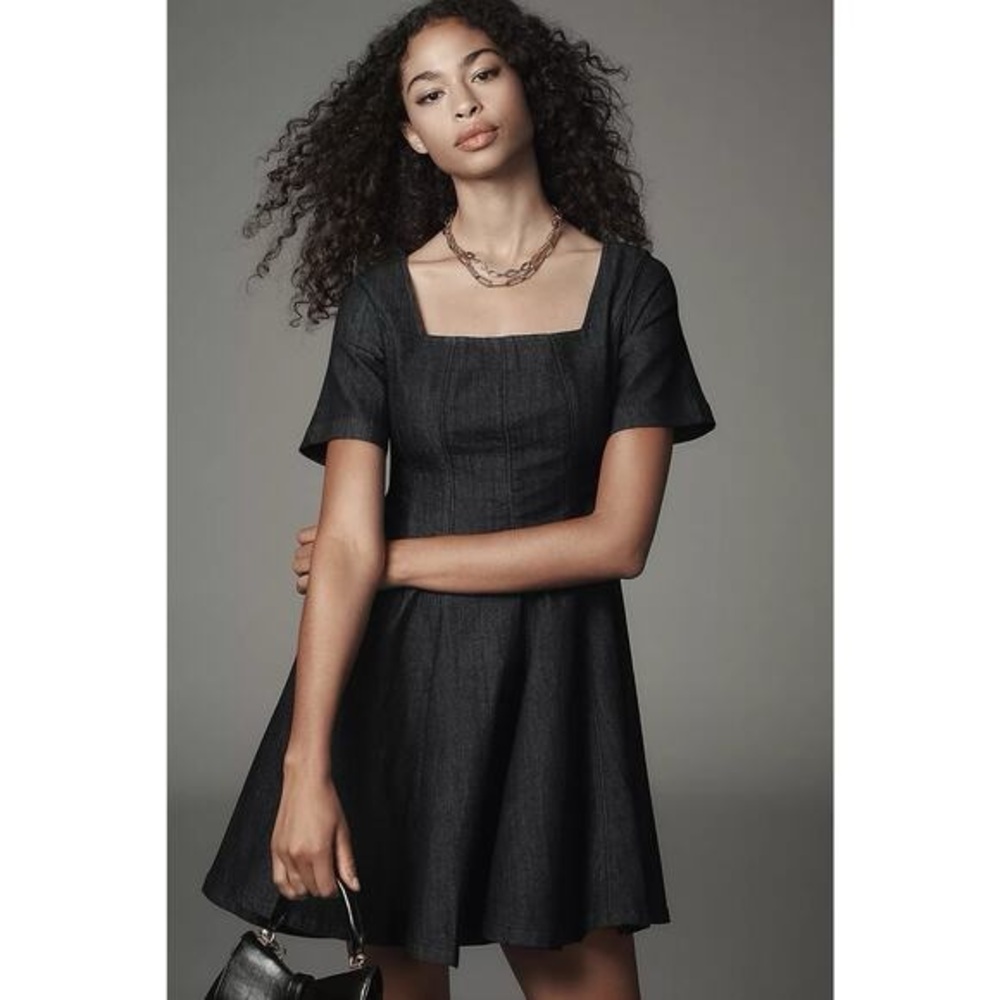 Anthropologie Pilcro denim, short-sleeve, square-neck, fit-and-flare mini dress